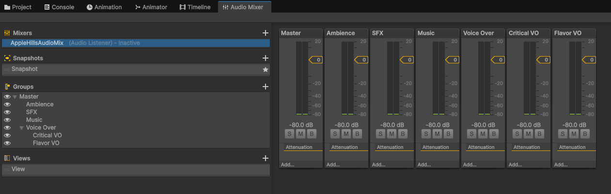 The AudioMixer asset controlling all volumes.